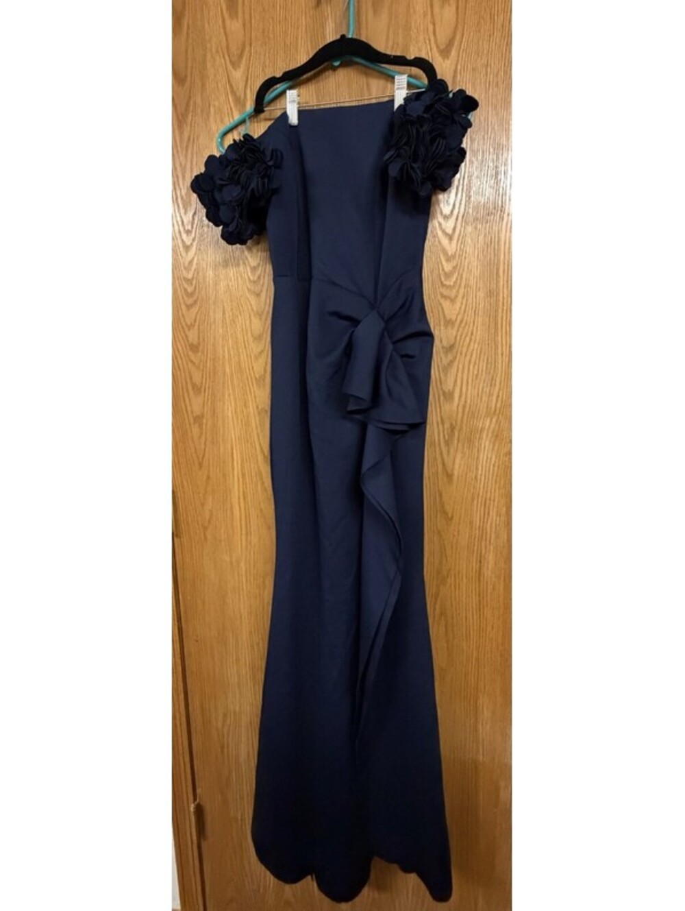 Xscape Blue Solid Long Formal Gown Off The Shoulder Floral Size 6